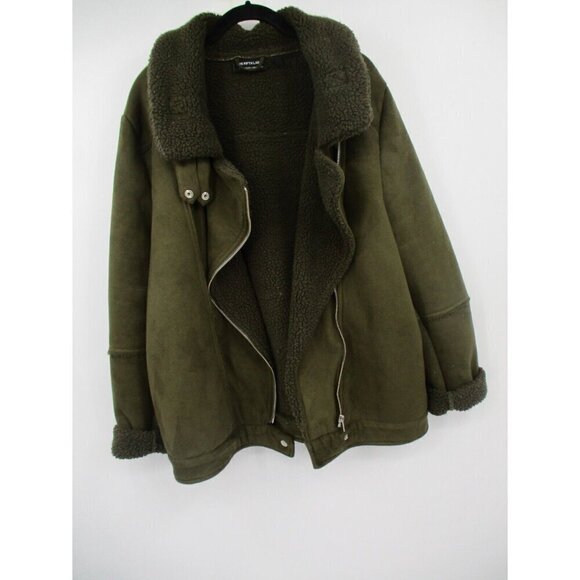 The Fifth Label Womens Coat Large Green Moto Fleece Sherpa Zip Up Classic - Picture 3 of 16